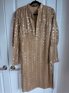 Gold Sequin Embellished Long-Sleeve Shwerani Top